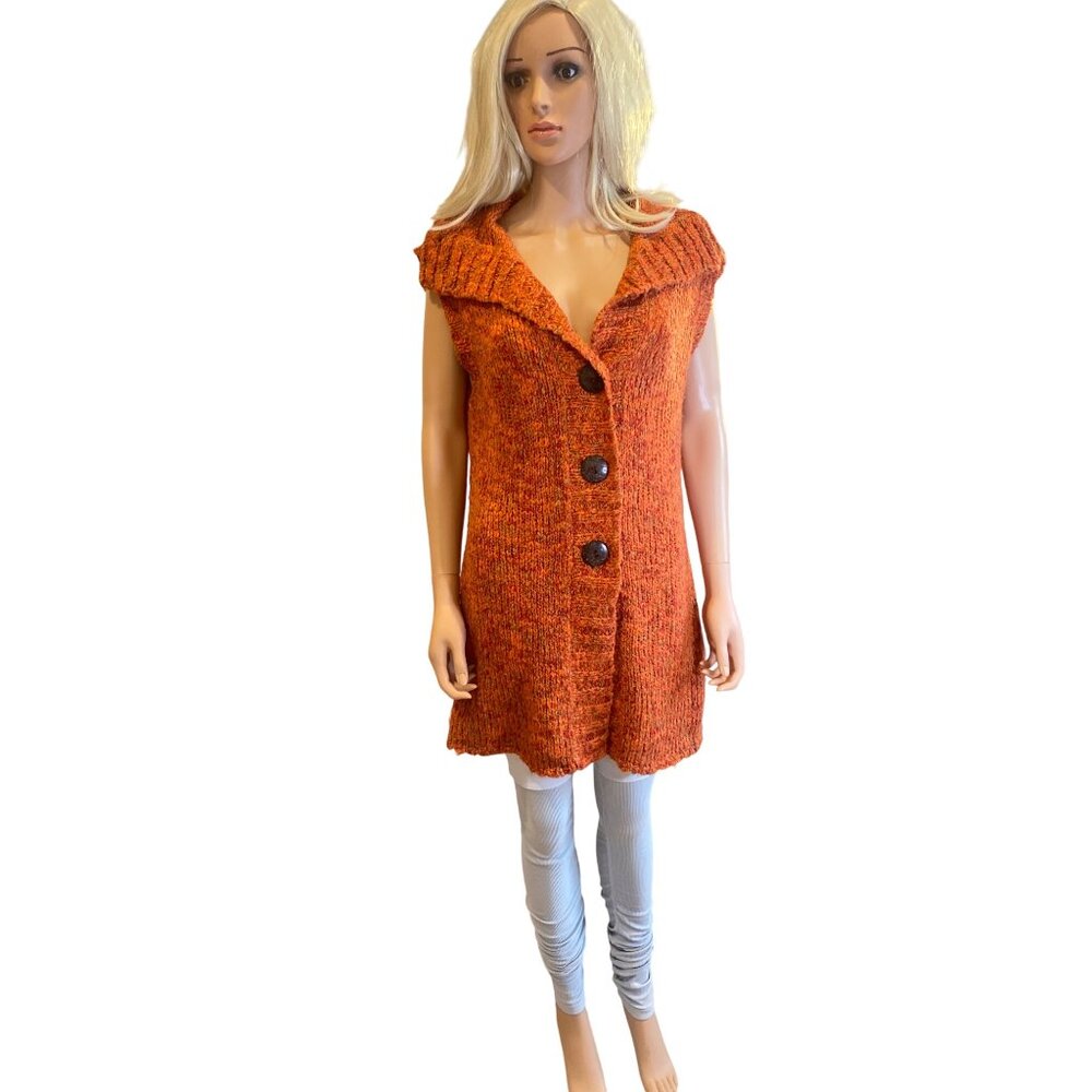 Chico's Crochet Long Sweater Cardigan Vest W's M Wool Blend Orange Fall Chunky - Picture 12 of 12